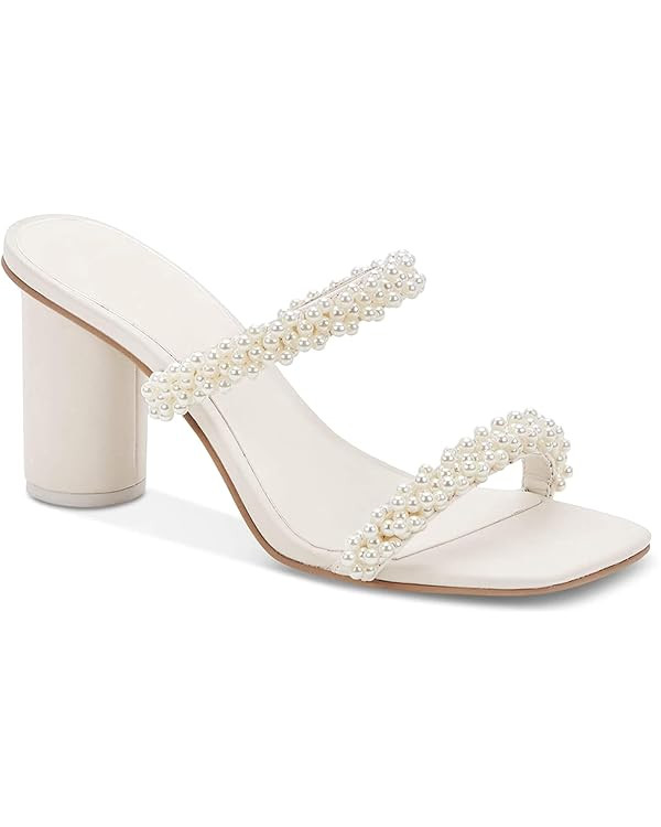 Womens Chunky Heeled Sandals Pearl Strappy Open Square Toe Slip-on Block Heels Backless Mules Sho... | Amazon (US)