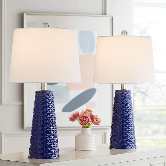 Ricky Modern Contemporary Table Lamps 24" High Set of 2 Deep Blue Textured Ceramic White Fabric T... | Amazon (US)