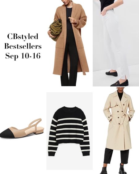 Bestsellers Sep 10-16:
1. Amazon coatigan: perfect for fall transition and great quality. I got it in grey last fall and loved it so I added black and camel this year. I’m 5’ 7 and have long arms so I sized up on to M.
2. Gap slim fit jeans: a modern take on skinny jeans, not skin tight and a tapered slim fit leg with a slit at the bottom. 2% stretch and fit tts. 30% off!
3. Cap toe slingbacks: designer inspired and a classic but trendy style. Fit a little snug, I had to go up 1/2 size.
4. Striped sweater: great fall basic and stripes are trending. Great price point + 15% off! Fits tts/roomy
5. Trench coat: classic style that’s currently trending, great quality and price. Roomy fit
I also linked more of last weeks most popular items


#LTKsalealert #LTKover40 #LTKshoecrush