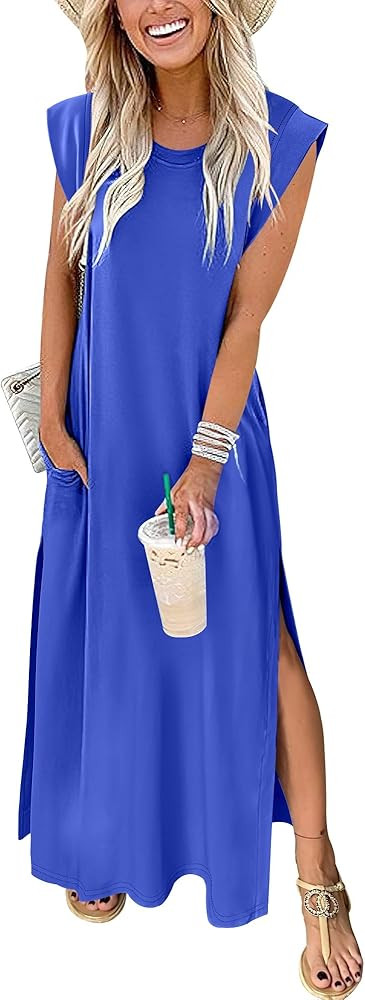 ANRABESS Womens Maxi Dresses 2025 Summer Casual Cap Sleeve Crew Neck Loose Split Beach Travel Lon... | Amazon (US)