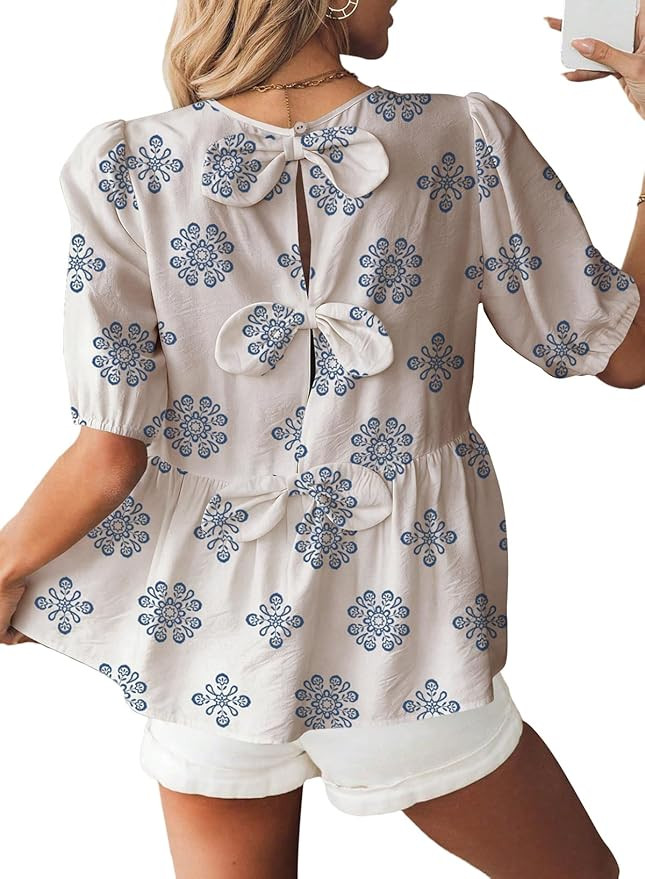 BLENCOT Women's Babydoll Peplum Tops Boho Puff Short Sleeve Bowknot Back Shirts Cute Summer Blous... | Amazon (US)