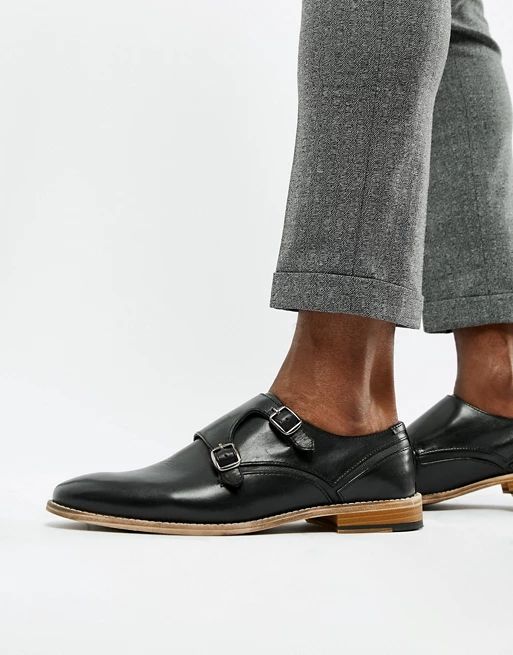 ASOS DESIGN monk shoes in black leather with natural sole | ASOS US