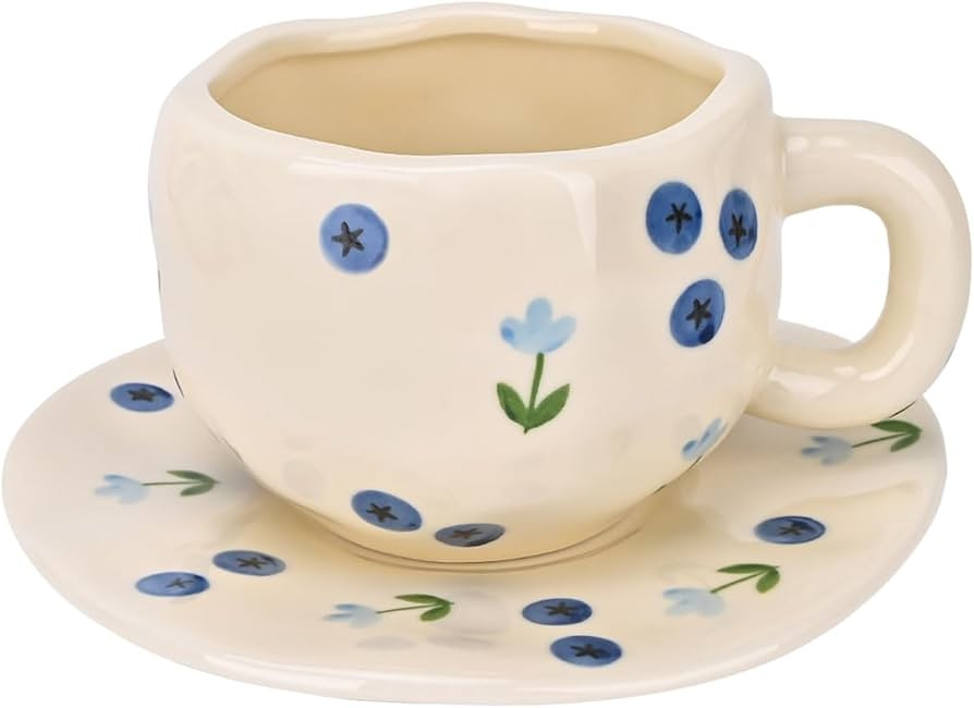 Koythin Ceramic Coffee Mug with Saucer Set, Cute Creative Blueberry Flower Cup Unique Irregular D... | Amazon (US)