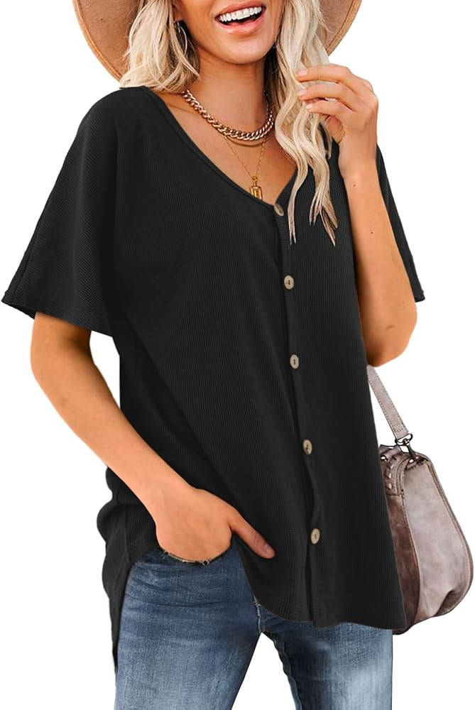 Beluring Women's Shirts V Neck Short Sleeve Waffle Knit Button Up Tunic Tops Blouse | Amazon (US)