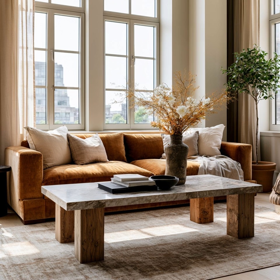 This is what modern minimalism looks like.

Not cold. Not empty. Not lifeless.

Just a beautiful balance of natural materials, thoughtful design, and pieces that work together effortlessly.

At Elegant & Driven, one of our favorite combinations is marble and wood.

They are both natural materials, yet they bring completely different energies into a room.

Wood is warm, grounding, and comforting.

Marble is cool, calming, and refined.

Together, they create a perfect balance—almost like a design version of yin and yang.

That's why a coffee table like this feels so timeless. The solid wood base anchors the room, while the marble top adds elegance and visual lightness. Neither competes with the other. They simply complement each other.

Paired with a gorgeous taupe velvet sofa, soft textures, and natural light, the entire space feels calm, sophisticated, and welcoming.

The lesson here isn't about copying a room.

It's about understanding the formula:

✨ Warm wood
✨ Cool marble
✨ Soft velvet textures
✨ Natural light
✨ A few thoughtfully chosen accessories

Whether you prefer classic white marble or a dramatic colored stone, pairing it with natural wood is one of the easiest ways to create a living room that feels elevated without feeling overdesigned.

Some combinations never go out of style.

Wood and marble are one of them.

#CoffeeTableDecor #ElegantAndDriven #ModernMinimalism #MarbleCoffeeTable #LivingRoomDesign 

 #LTKHome