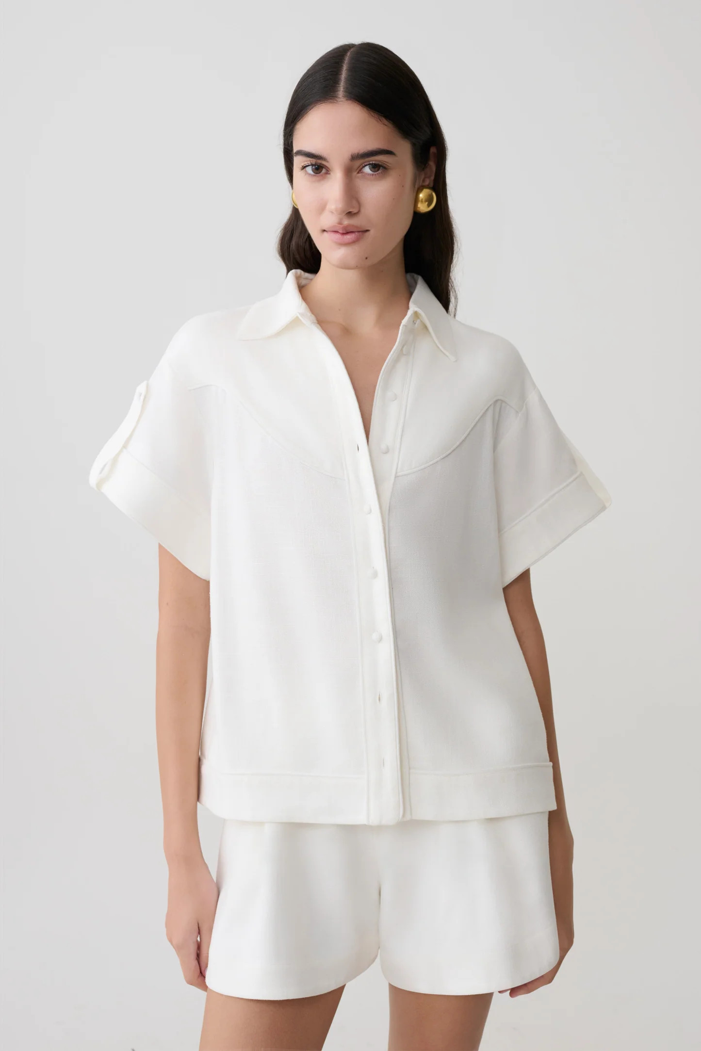 Selena Linen Short Sleeve Shirt - White | MESHKI US