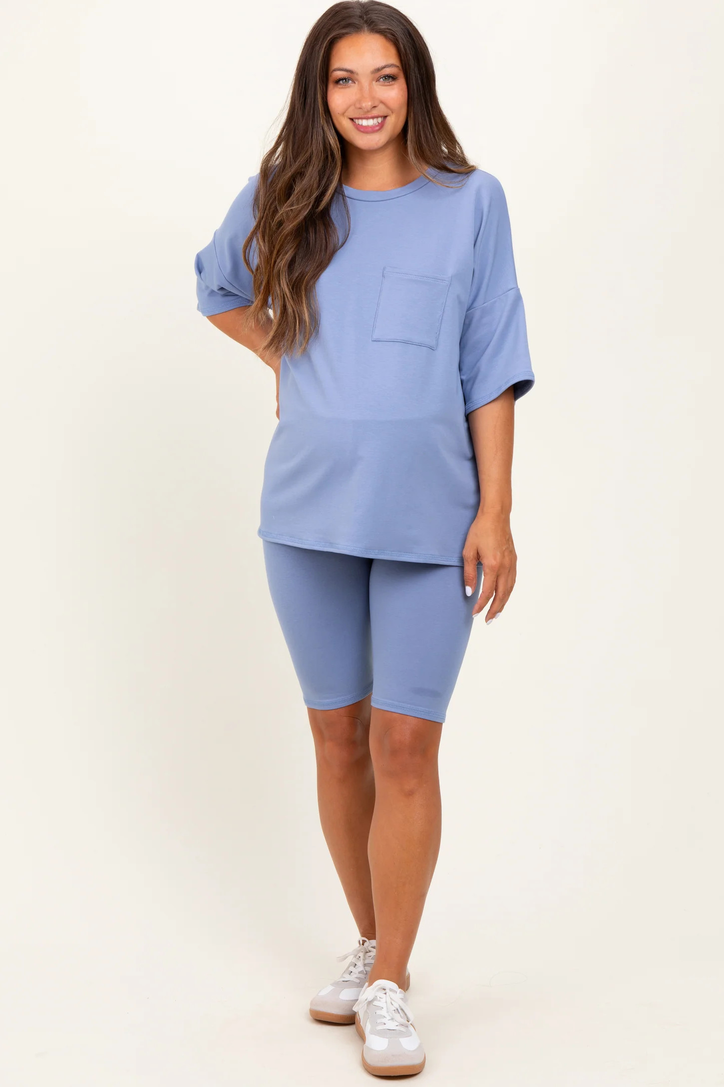 Blue Oversized Short Sleeve Biker Short Maternity Set | PinkBlush Maternity