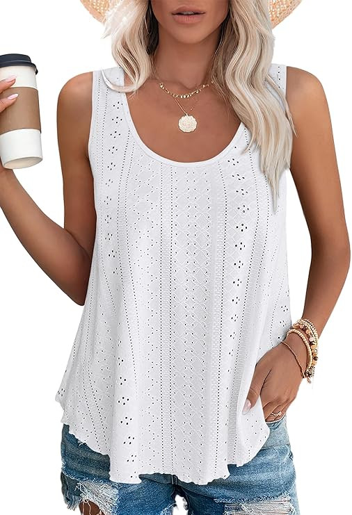 OFEEFAN Womens Tank Tops Sleeveless Eyelet Embroidery Scoop Neck Loose Fit Casual Summer Flowy | Amazon (US)