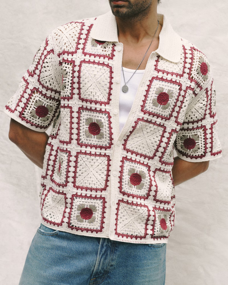 Crochet-Style Pattern Button-Through Sweater Polo | Abercrombie & Fitch (US)