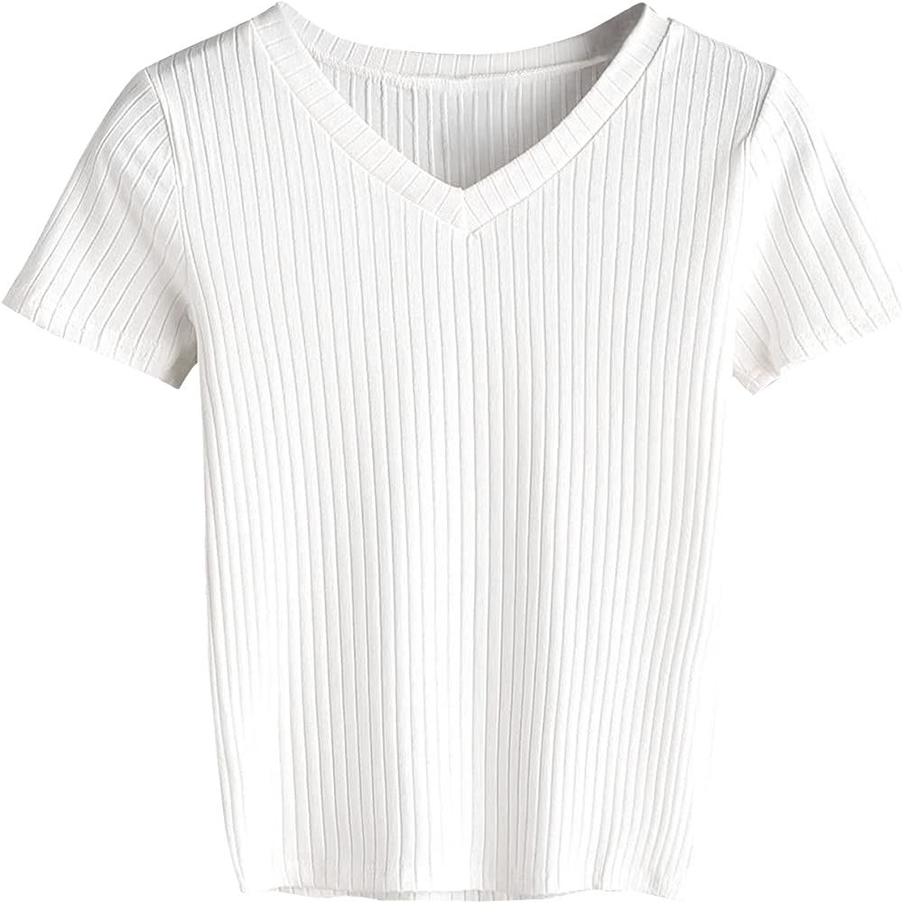 SweatyRocks Women's Basic Short Sleeve V Neck Ribbed Knit Crop Top Tee Shirt | Amazon (US)