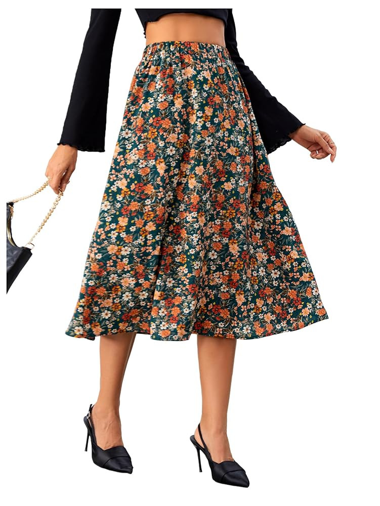 Milumia Women's Vintage Printed A Line High Waist Flare Flowy Casual Midi Skirts | Amazon (US)