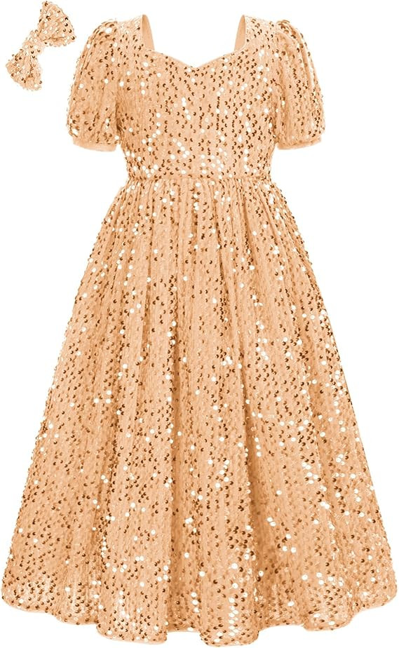 GRACE KARIN Girls Sequin Velvet Dress Short Sleeve Sparkly Tulle Princess Party Maxi Dress 5-12Y | Amazon (US)