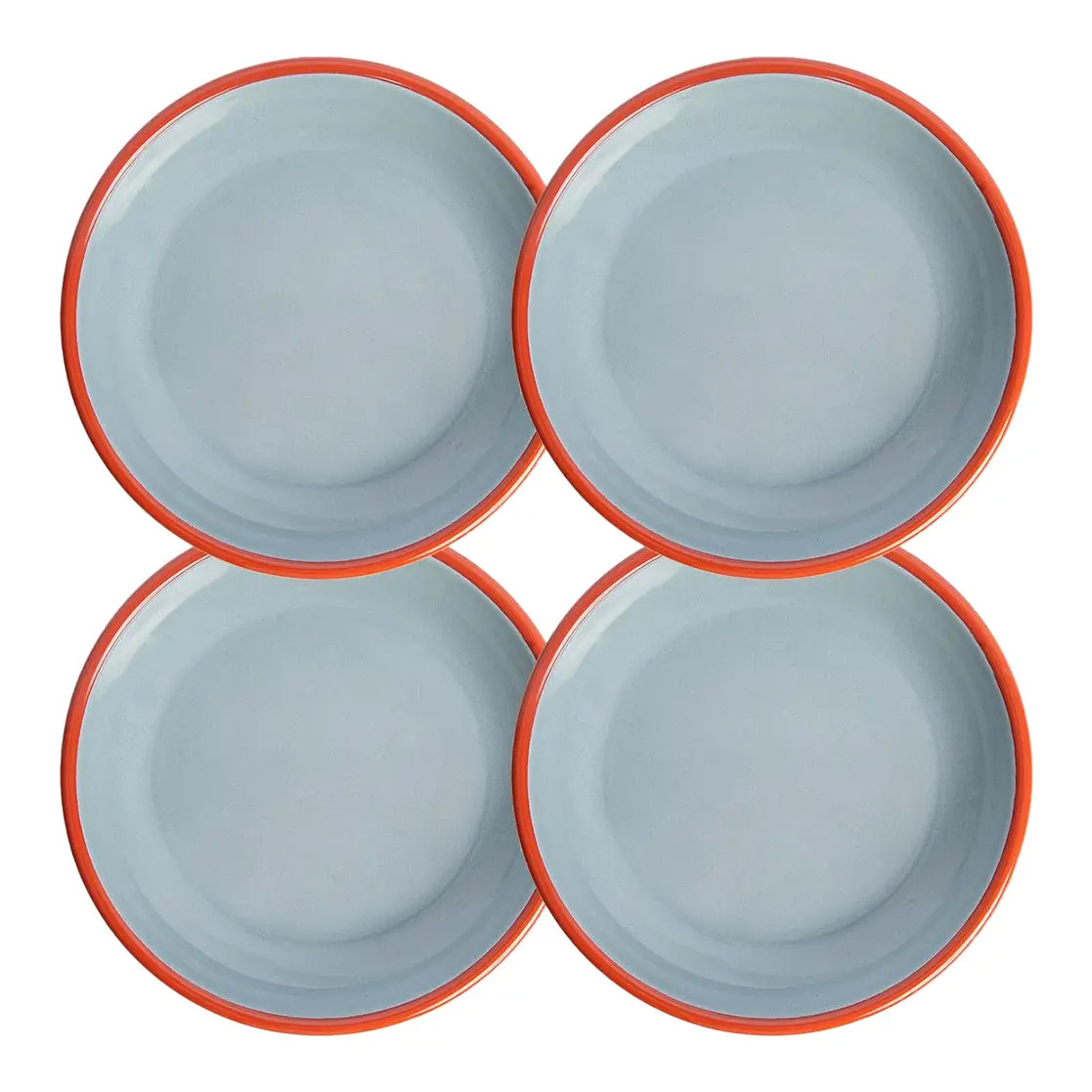 The Get Out x CCH Enamelware Coupe 10.25" Dinner Plates in Tomato & Smoke Blue - Set of 4 | Chairish