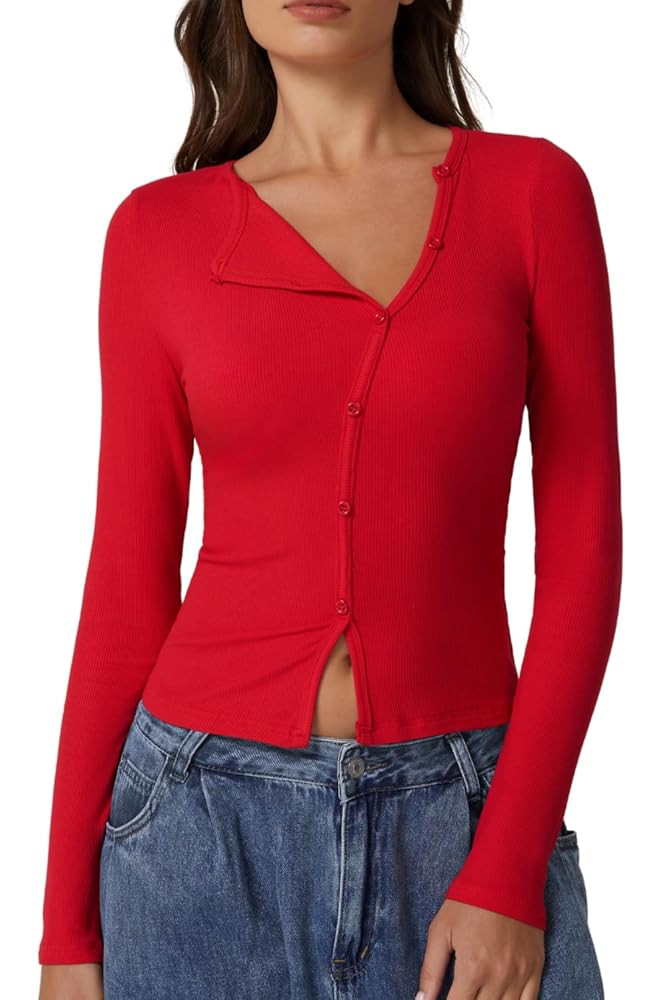 QINSEN Women's Long Sleeve Ribbed Crewneck Shirts Upper Button Fastening Going Out Tops | Amazon (US)