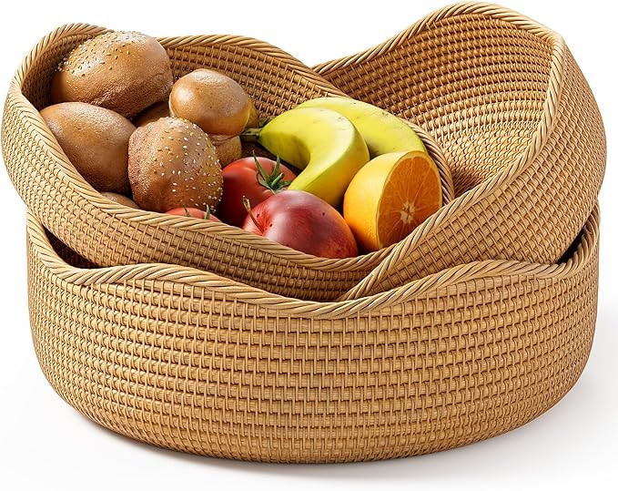 Rattan Bread Basket, 3 Pack Hand Woven Round Fruit Baskets for Serving, Picnic Basket, Wicker Sto... | Amazon (US)