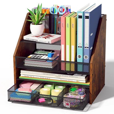 Wooden Desk Organizer - Mesh File Organizer With Drawers And Pen Holder - 4-Tier Vertical Paper Letter Storage Tray, Desktop Organizers And Accessorie | Wayfair North America