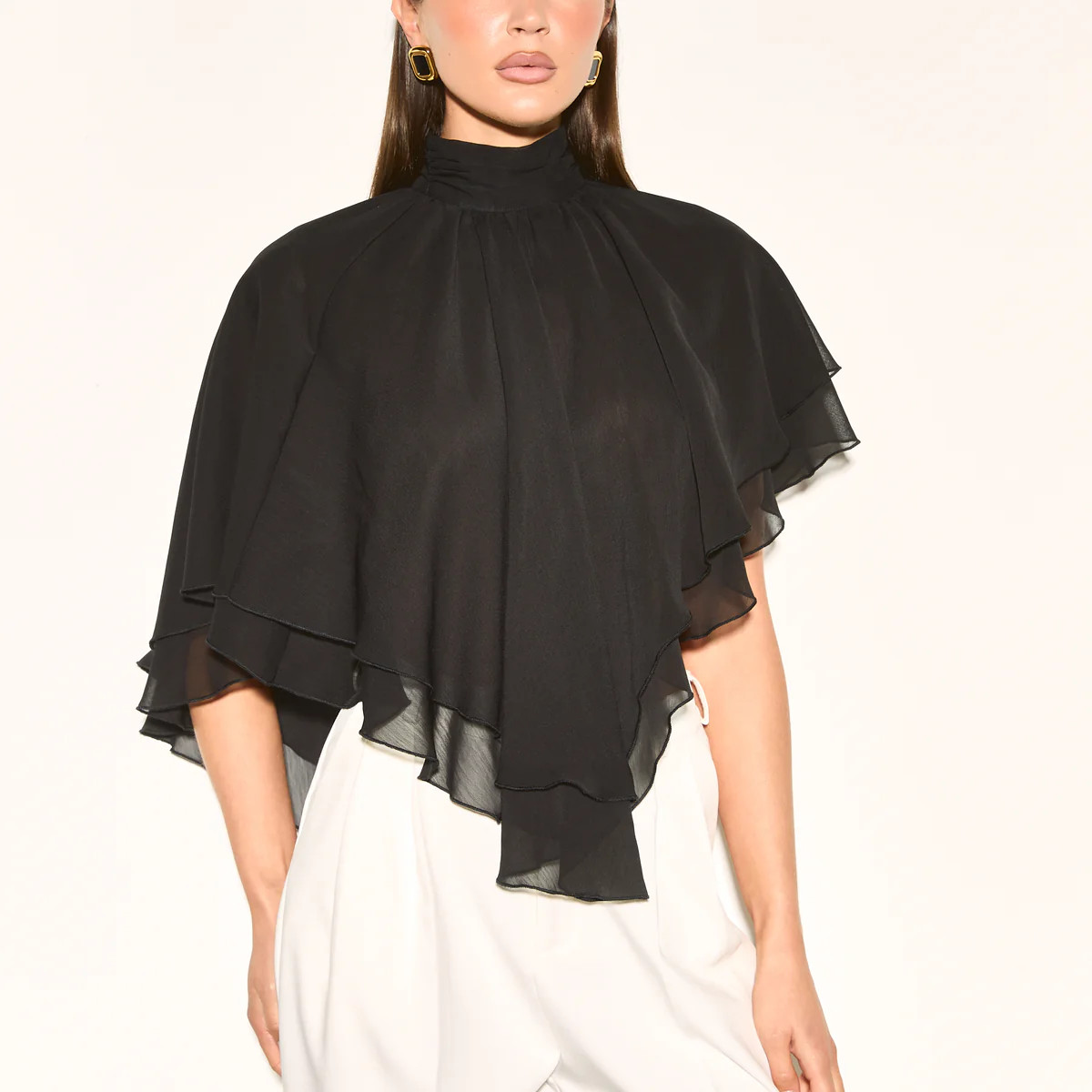 ALMA Black High Neck Cape Waterfall Top | Noughts and Kisses