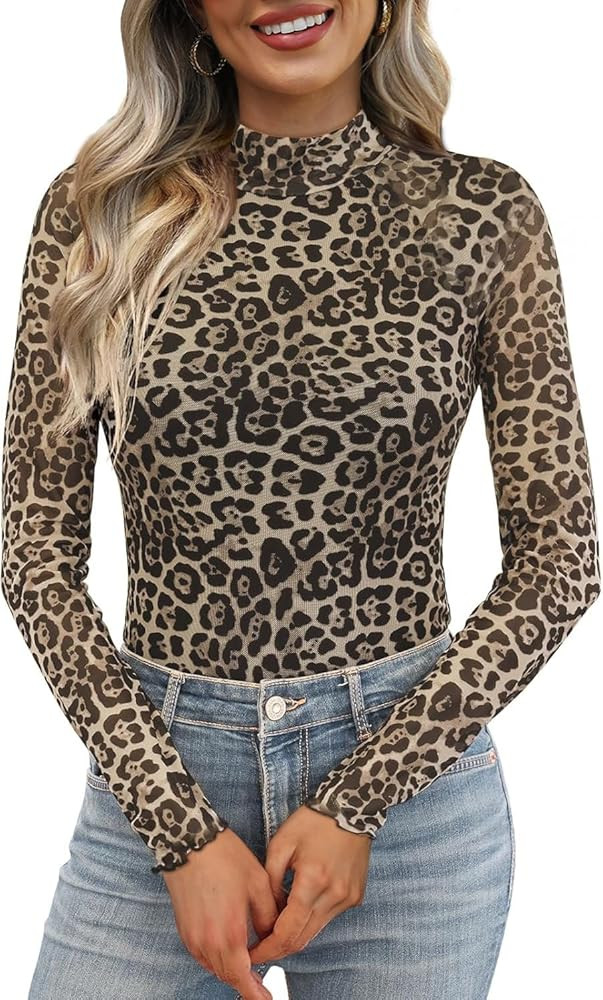 OFEEFAN Womens Long Sleeve Mesh Top See Through Mock Neck Sheer Blouses | Amazon (US)