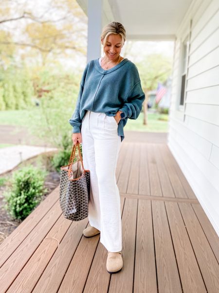Size up 1 in the pants. Length is tts. White pants. White trousers. Work outfit. Oversized. Clogs. Birkenstocks. Abercrombie. Aerie. Goyard. Tote bag. Neutral. Workwear. Casual. Comfortable. Spring  

#LTKstyletip #LTKFind #LTKSeasonal