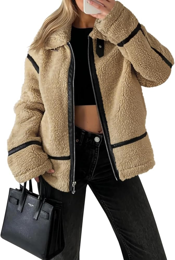 Tankaneo Womens Winter Faux Fur Coats Fleece Zip up Sherpa Moto Jackets Trendy Warm Leather Patch... | Amazon (US)