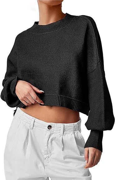 Women's Mock Neck Cropped Sweater Long Sleeve Oversized Knit Pullover Tops | Amazon (CA)