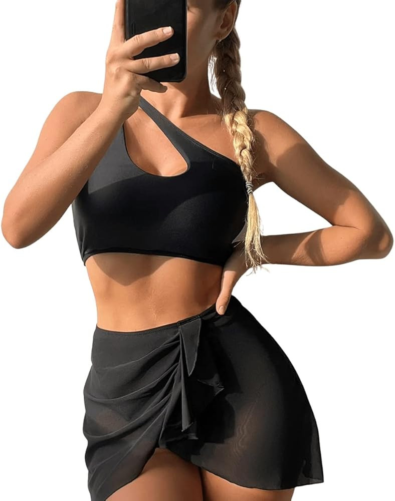 SweatyRocks Women's Cut Out One Shoulder 3 Piece Set Bikini Sets Swimsuits Solid Plain Swimwear B... | Amazon (US)