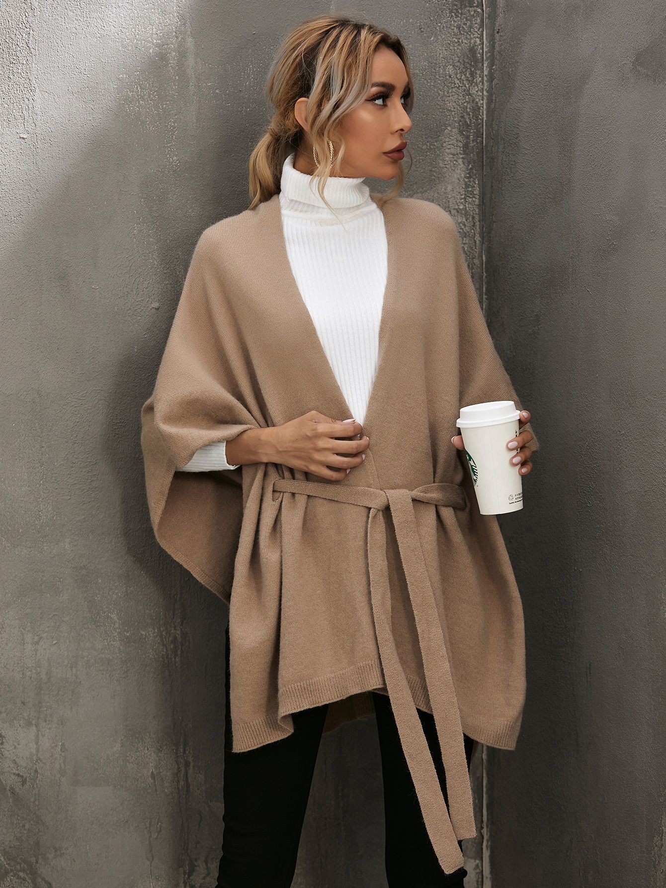 Solid Belted Wrap Cape | SHEIN