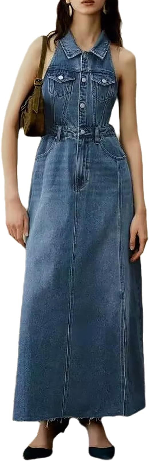 Women's Sleeveless Cutout Slit Long Denim Dress Button Front Vintage Maxi Jean Dress with Pockets | Amazon (US)