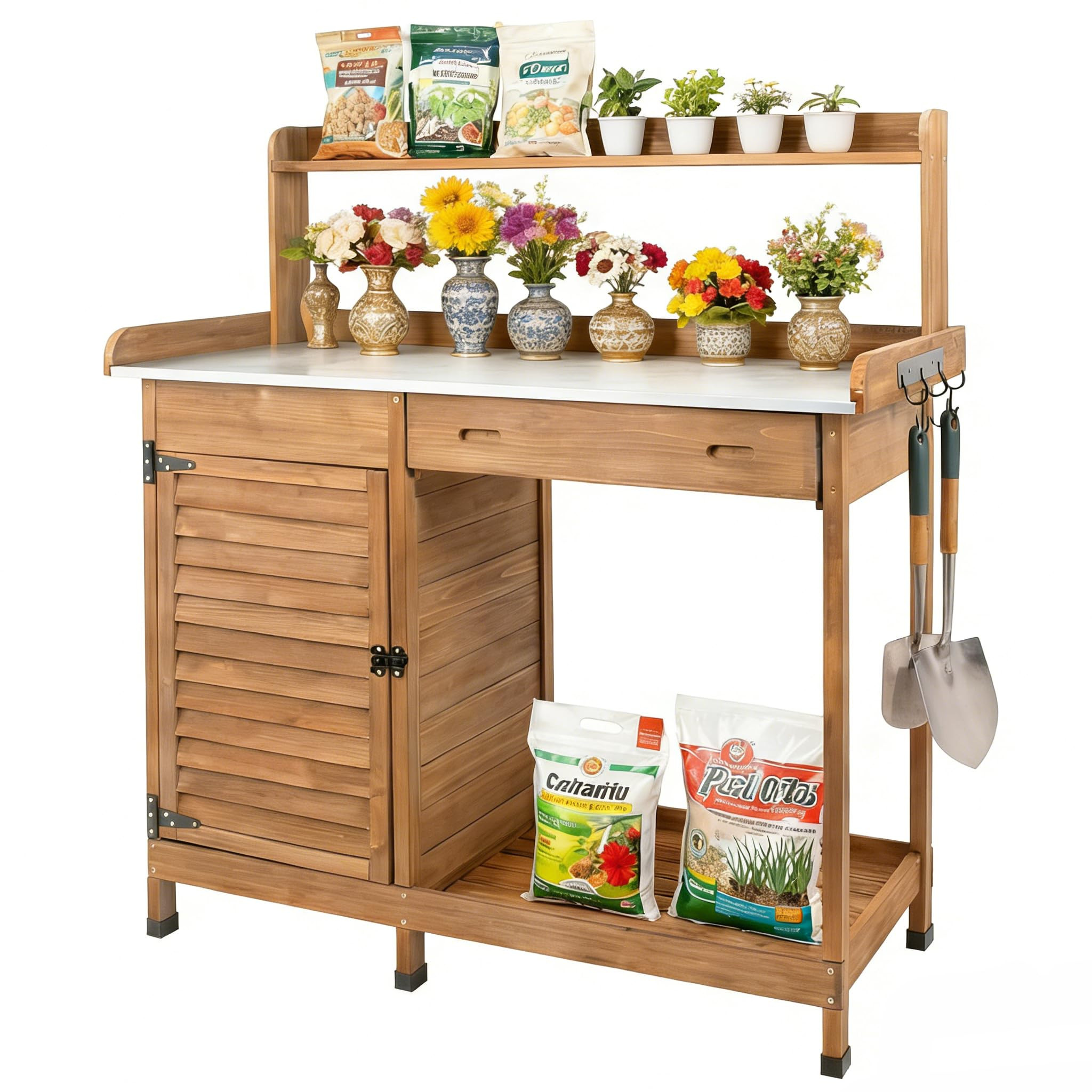 Outdoor Potting Bench Table, Wooden Weatherproof Garden Work Station with Sliding Drawer, Metal T... | Amazon (US)