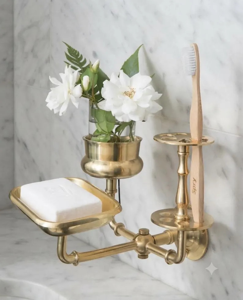 Solid Brass Bath Trio Wall Caddy | Vintage Soap Dish, Toothbrush Holder, Tumbler Organizer | Etsy (Global)