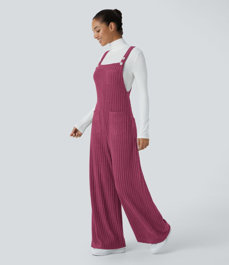 Women’s Ribbed Knit Adjustable Strap Button Multiple Pockets Casual Overalls - Halara | HALARA