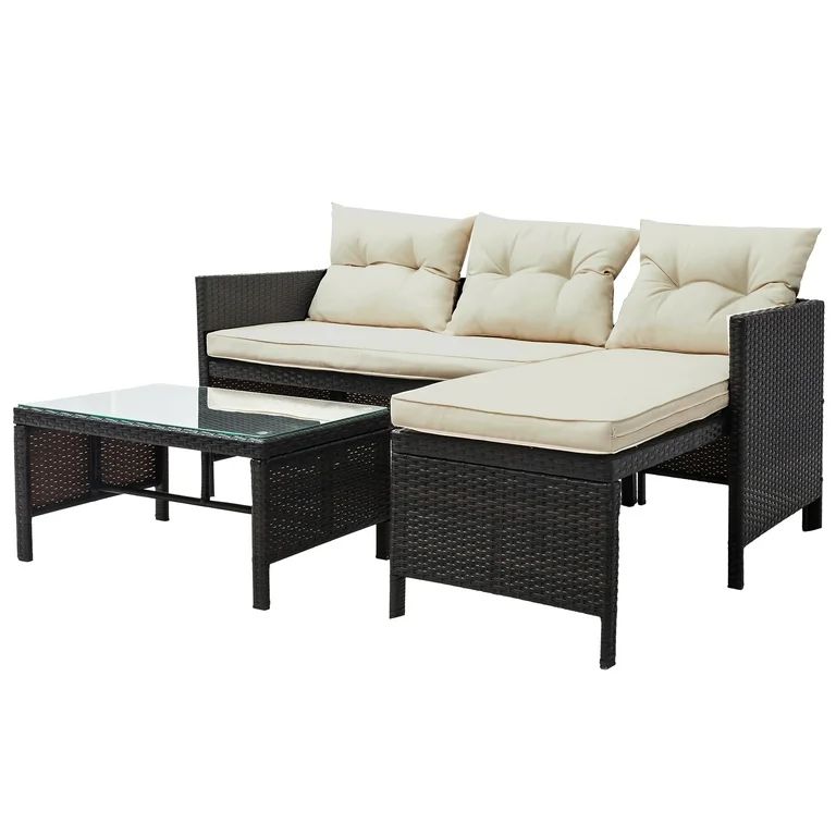 Outdoor Patio Sectional Sofa Sets, SEGMART 3 Pieces Modern Wicker Furniture Set Tempered Glass Co... | Walmart (US)