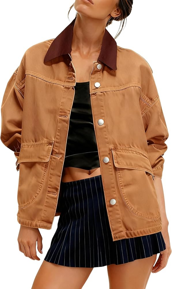 Yeokou Women Oversize Denim Jacket Casual Button Down Jean Coat Long Sleeve Shacket Outfit with P... | Amazon (US)