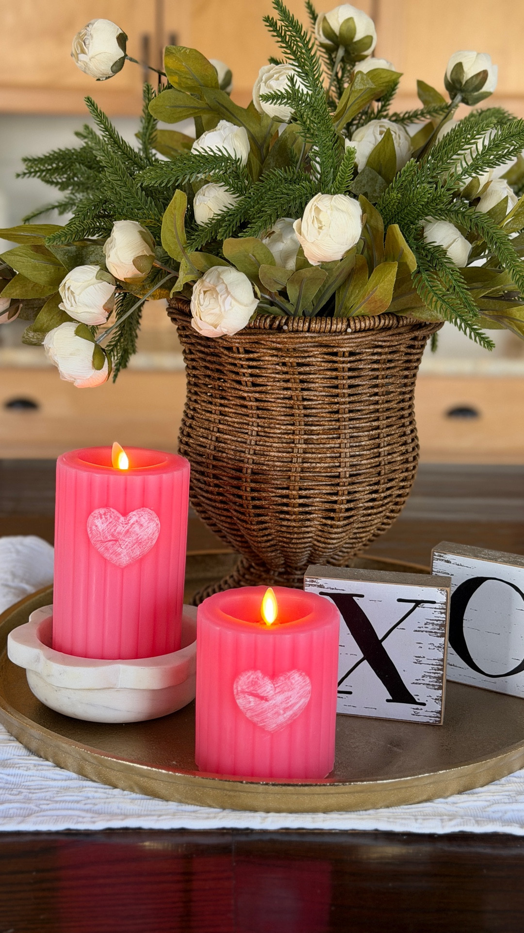 Valentines Day centerpiece with Luminara candles 💖✨🪩 #valentinesday 

#LTKHome #LTKSeasonal #LTKValentine