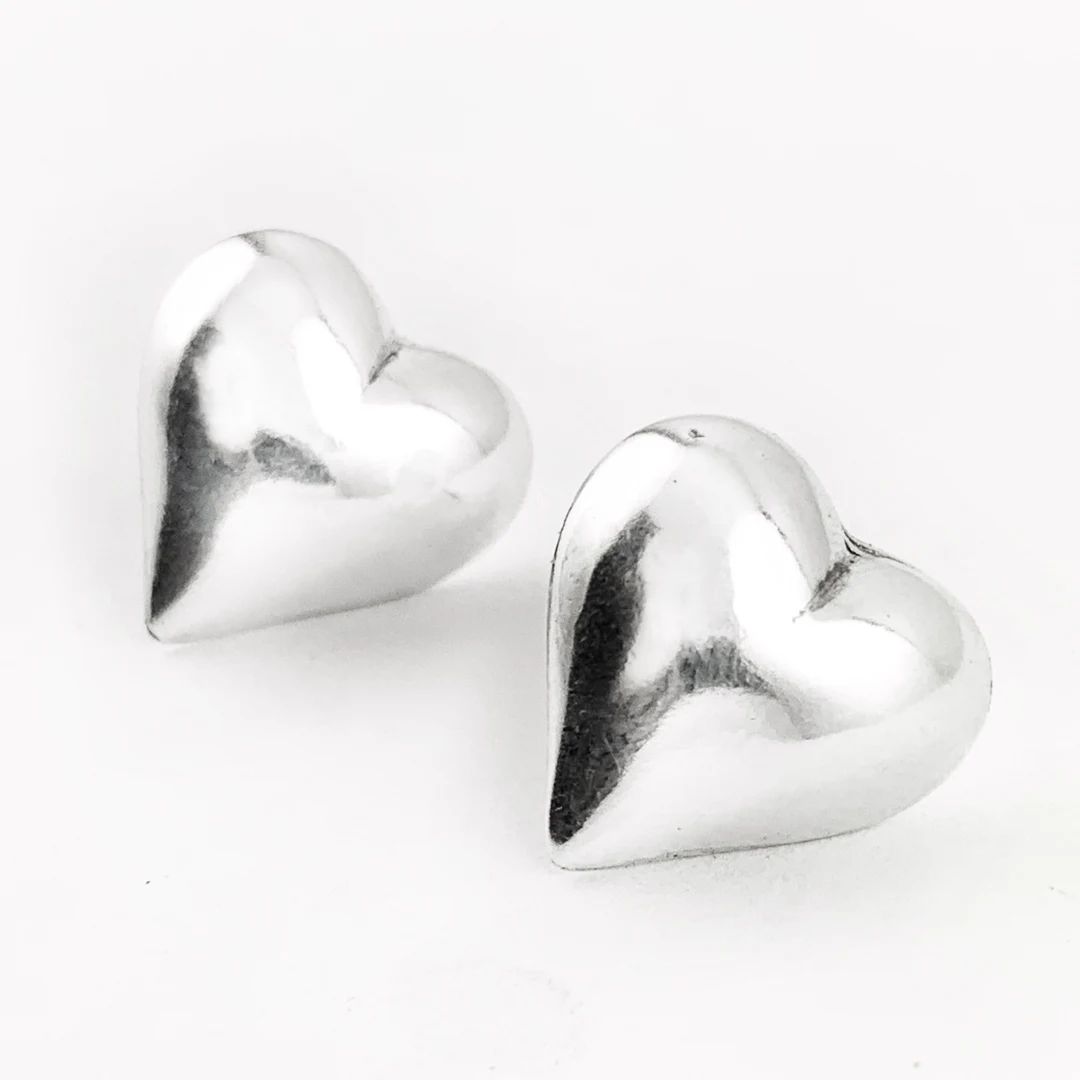 Large Heart Stud Earrings in Sterling Silver, Silver Heart Stud Post Earrings, Puffy Heart Stud E... | Etsy (US)