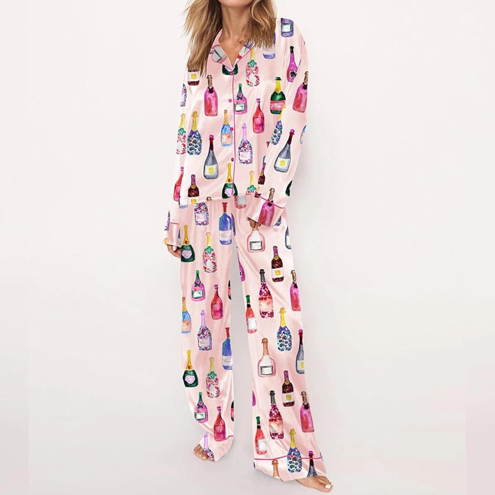 Women Silk Satin Pajamas Sets Cute Print Long Sleeve Button Down Shirt Palazzo Pants Y2k 2 Piece ... | Amazon (US)