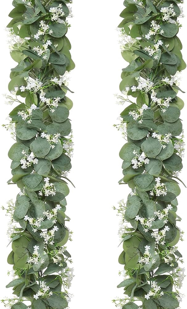 KHOYIME Eucalyptus Garland with White Flowers, 2 Packs 5.9Ft Artificial Silver Dollar Eucalyptus ... | Amazon (US)