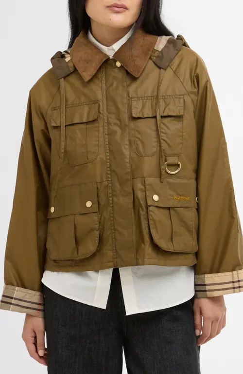 Barbour Liza Water Repellent Waxed Cotton Jacket with Removable Hood in Sand/Dress at Nordstrom, Size 10 Us | Nordstrom