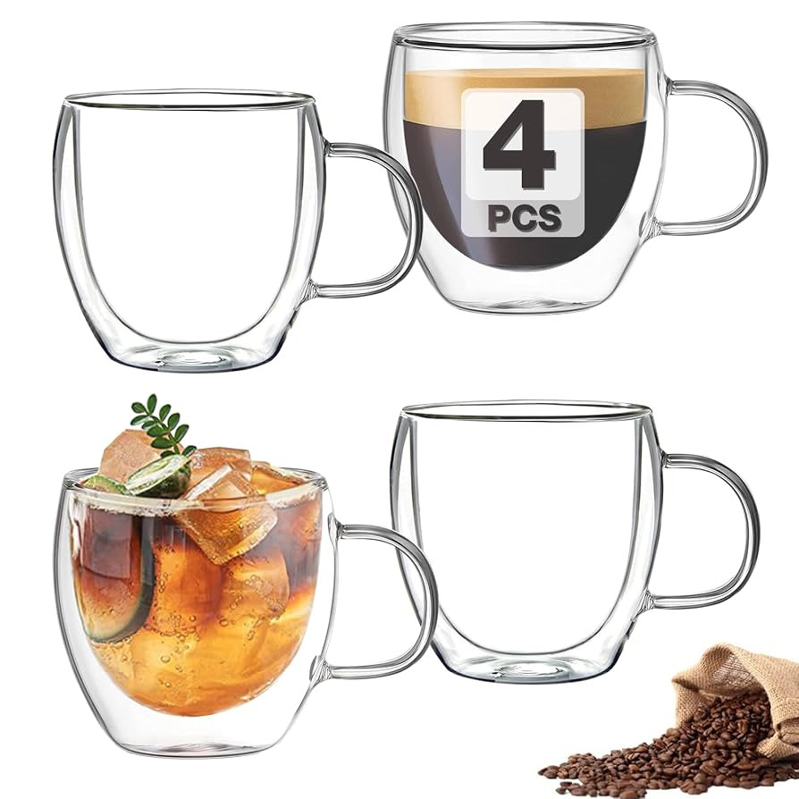Mfacoy Double Wall Insulated Glasses Espresso Cups Set of 4 (50% Thicker), 5 oz Clear Coffee Cups... | Amazon (US)