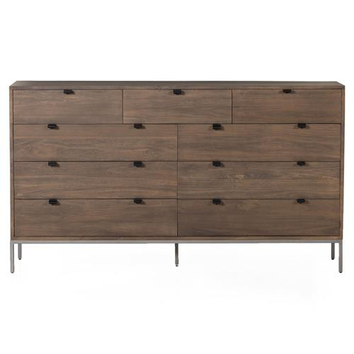 Theodore Industrial Loft Brown Wood Grey Iron Leather Pulls 9 Drawer Dresser | Kathy Kuo Home