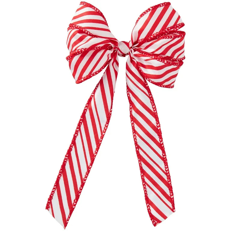 Red & White Striped Christmas Tree Topper Polyester Bow, 9 inch, by Holiday Time | Walmart (US)