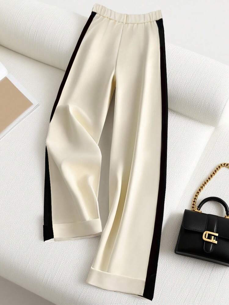 Franclia Women's Loose Elegant Wide Leg Pants, Black & Apricot Color Blocking, Autumn Fall Cloth For Women | SHEIN