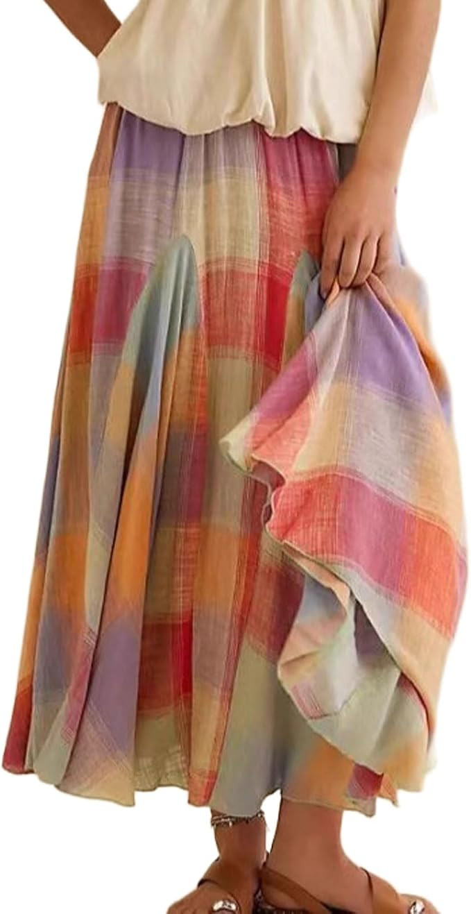 Women Multicolour Plaid Ruffle Elastic Waist Flowy Long Skirt Summer Ruche Color Block Gingham Sk... | Amazon (US)
