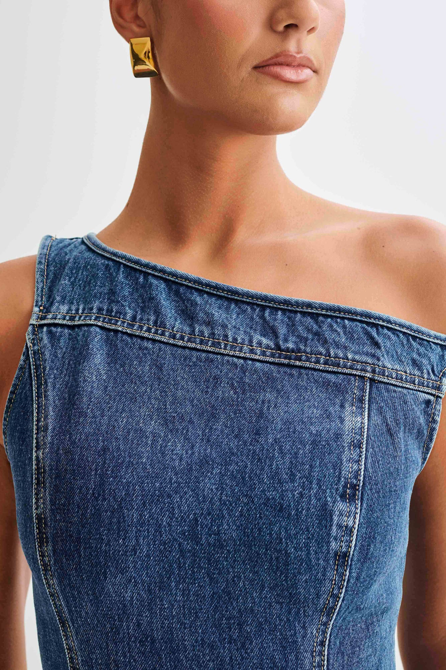 Off Shoulder Denim Mini Dress - Dark Blue | MESHKI US