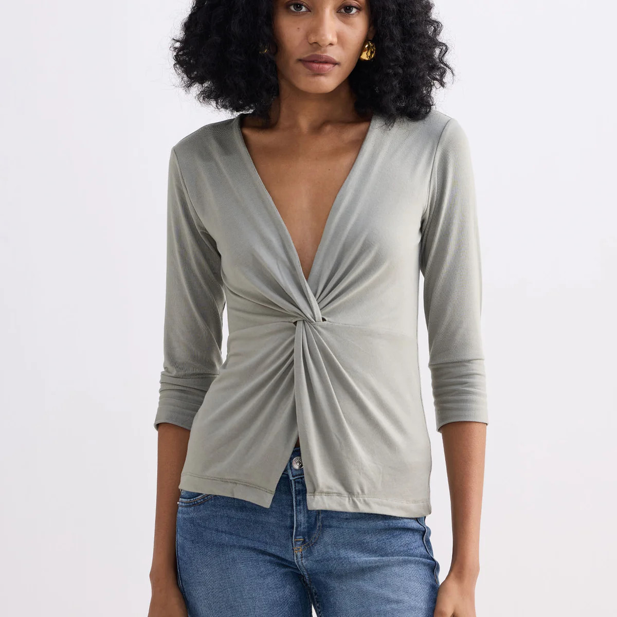 Twist Front Knit Shirt in Light Olive | Reistor