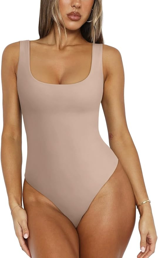 REORIA Women's Sexy Scoop Neck Sleeveless Bodysuit Backless Double Lined Tank Tops | Amazon (US)