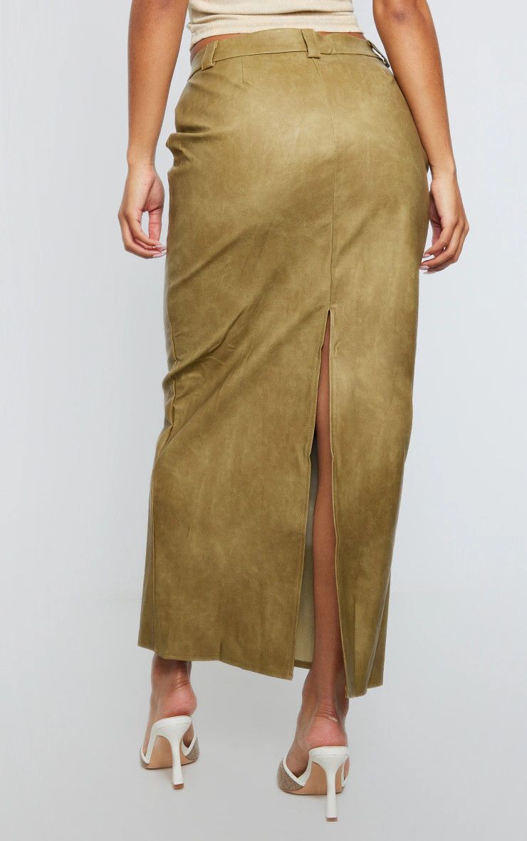 Premium Olive Washed Faux Leather Maxi Skirt | PrettyLittleThing US