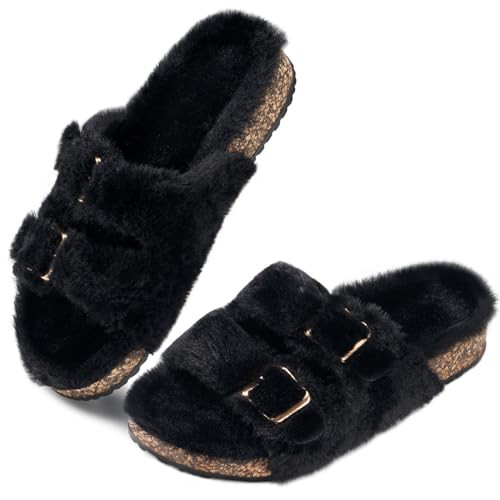 Parlovable Women's Slippers Fluffy Open Toe Fur House Shoes Arch Support Adjustable Straps Cork Slide Sandals Fuzzy Bedroom Non Slip Rubber Sole Breathable Black 7 | Amazon (US)