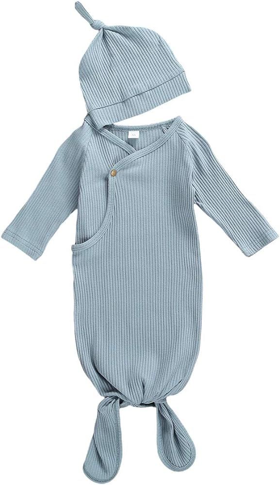 KMBANGI Newborn Baby Girl Boy Knit Cotton Knotted Nightgown Soft Sleeper Gown with Hat Set for Unise | Amazon (US)