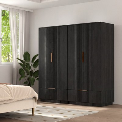 Brafabhome 67" Fluted Armoire Wardrobe Closet with 2 Drawers, 4 Doors Wooden Wardrobe Cabinet with Adjustable Shelf, Modern Black Armoires for Clothes | Target